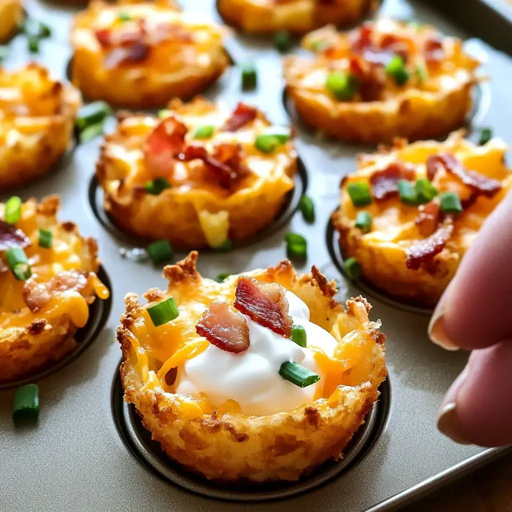 A close-up of a tray filled with crispy potato cups topped with cheese, bacon, green onions, and a dollop of sour cream.