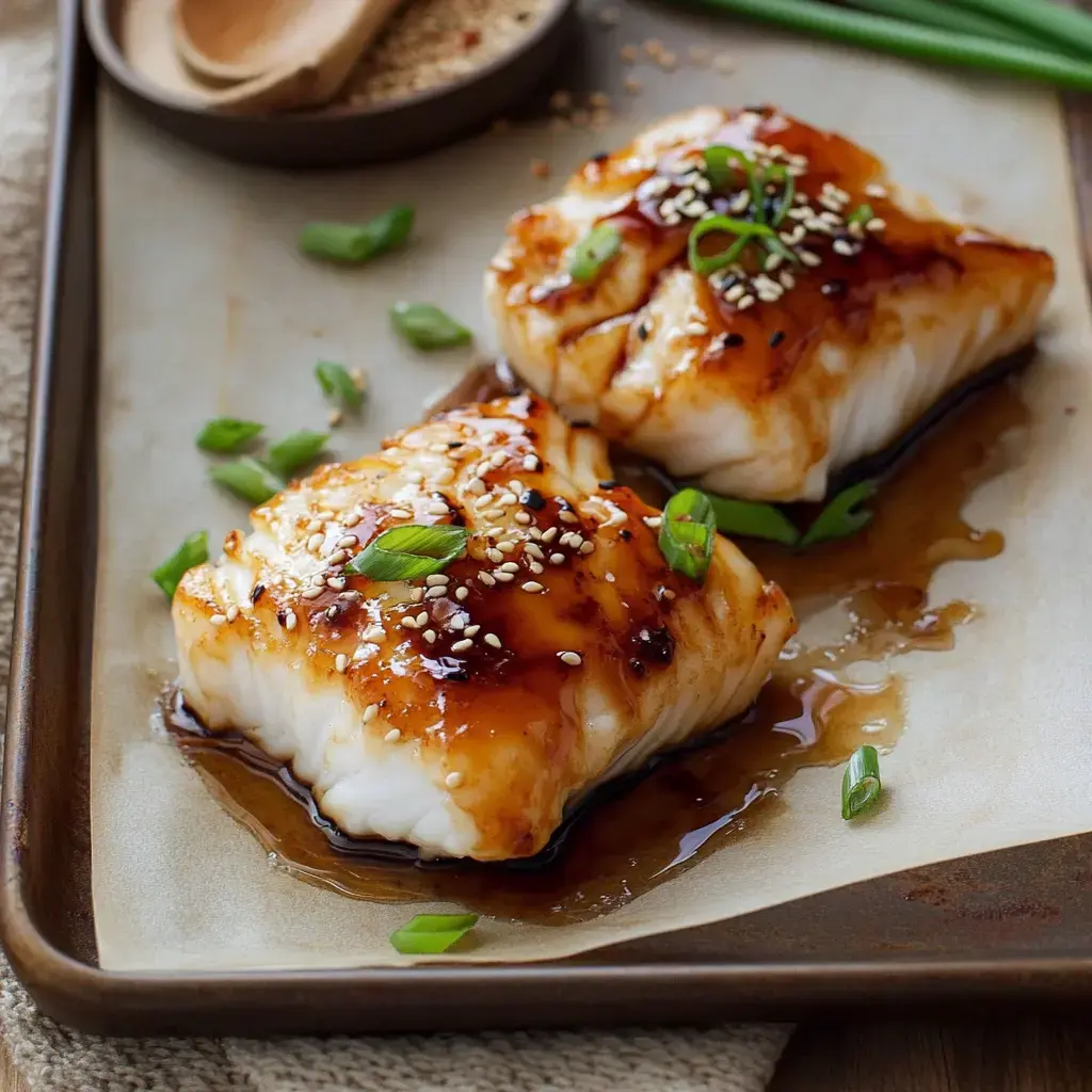 A close-up of two pieces of glazed fish topped with green onions and sesame seeds, served on a tray with sauce.