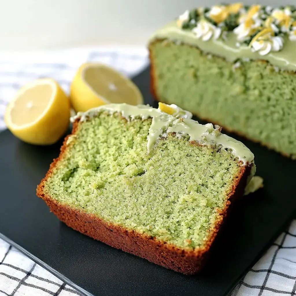 A slice of green lemon cake topped with a light green icing and accompanied by halved lemons sits on a black plate.