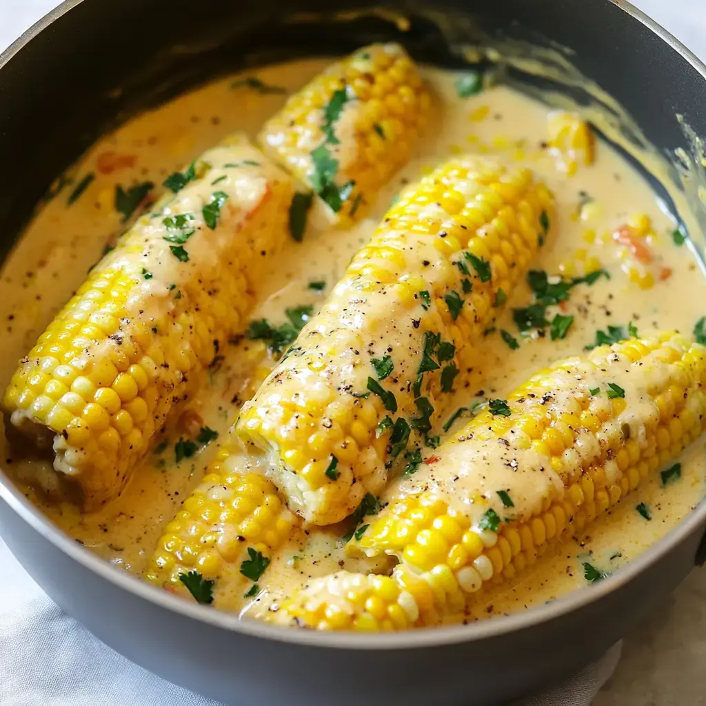 A pot of creamy corn on the cob garnished with parsley.