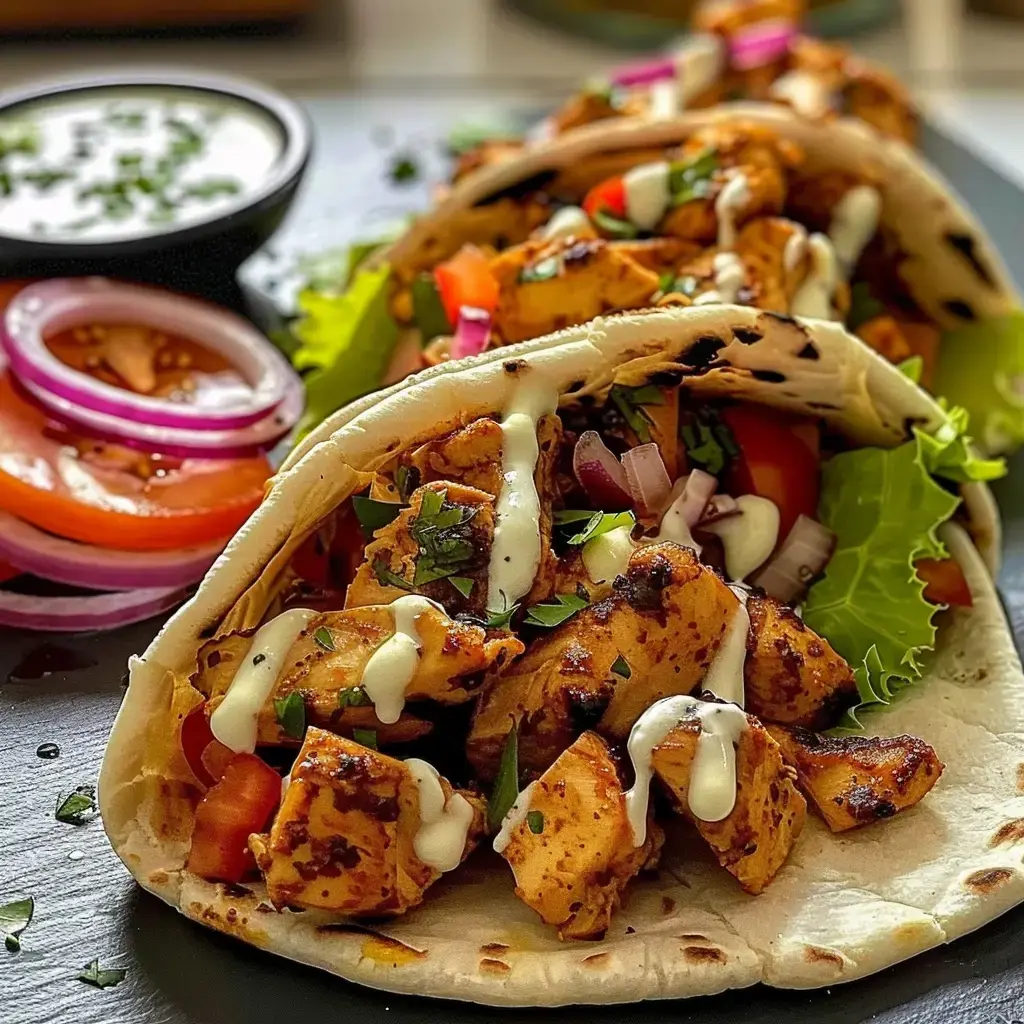 A close-up of a taco filled with grilled chicken, fresh vegetables, and drizzled with sauce, accompanied by sliced tomatoes and onions on the side.