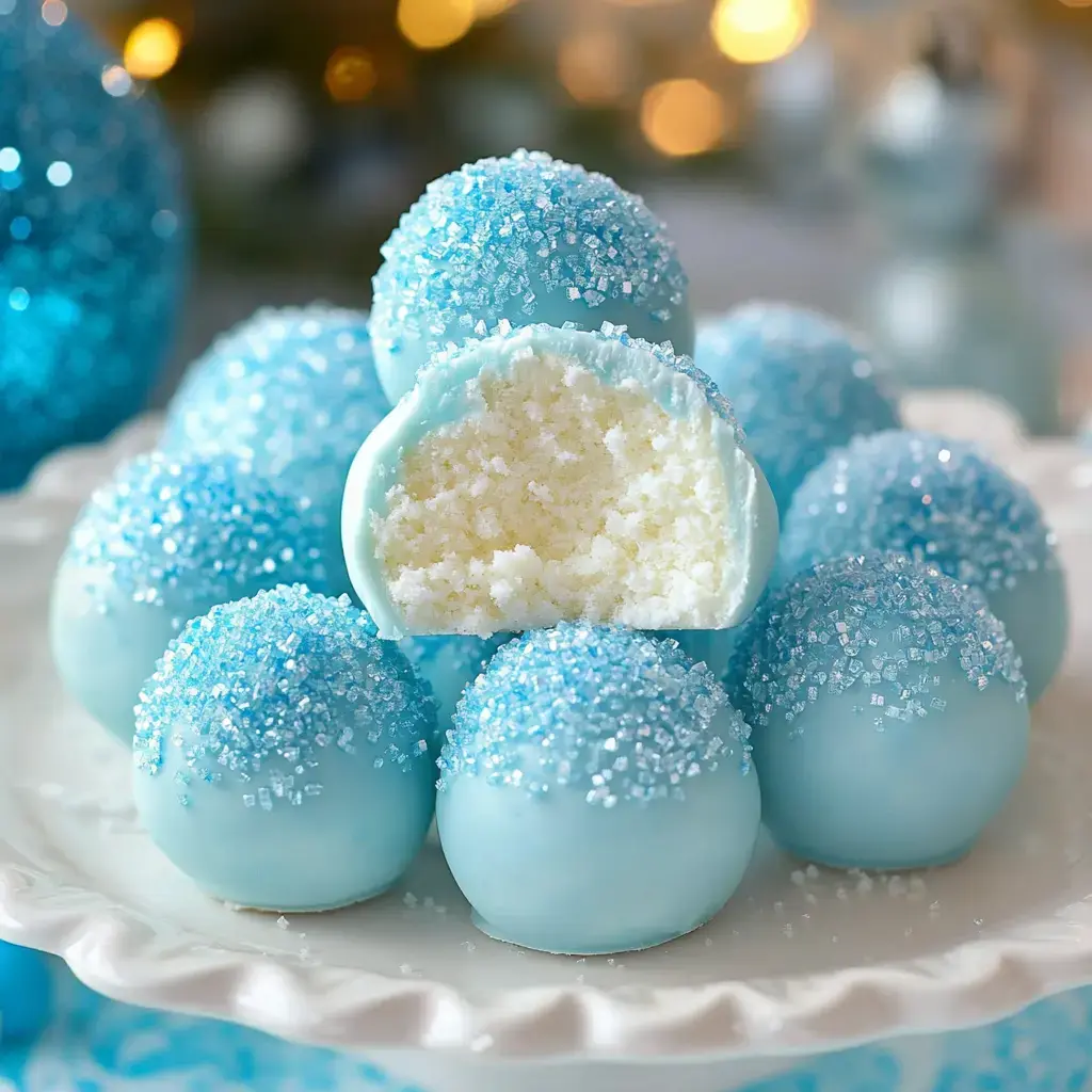 A decorative plate displays blue cake balls covered in sparkling sugar, with one ball cut in half to reveal a moist white interior.