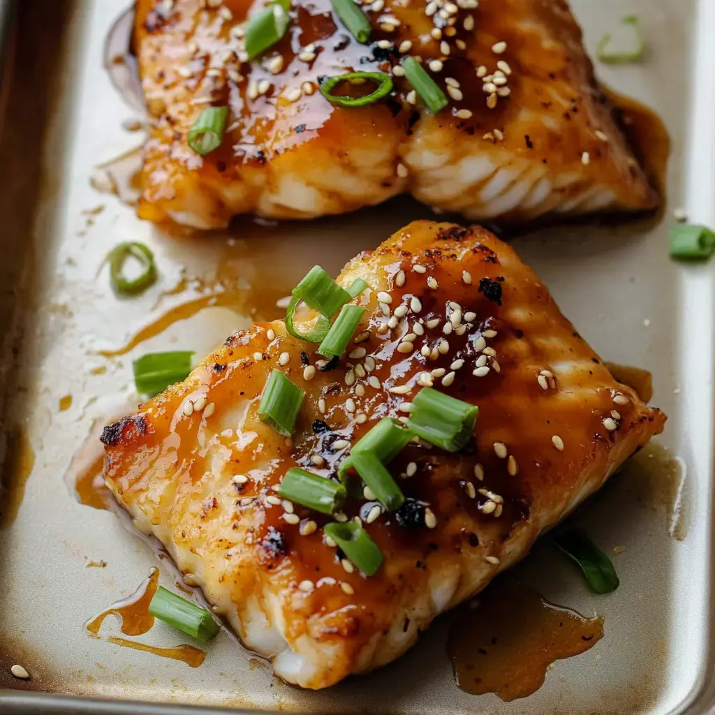 Two pieces of glazed fish are topped with sesame seeds and chopped green onions on a metallic tray.