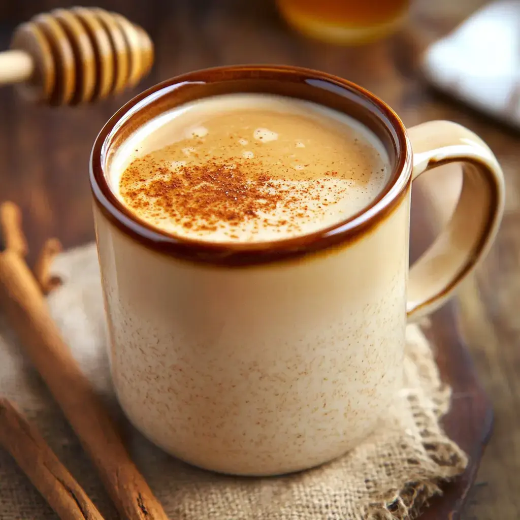 A warm mug of coffee topped with cinnamon sits on a rustic surface next to cinnamon sticks and a honey dipper.