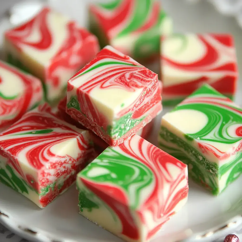 A plate of colorful fudge squares swirled with red and green patterns, resembling festive holiday treats.