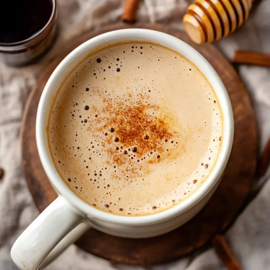 A close-up of a frothy cup of coffee topped with a sprinkle of cinnamon, accompanied by a honey dipper and cinnamon sticks on a wooden surface.