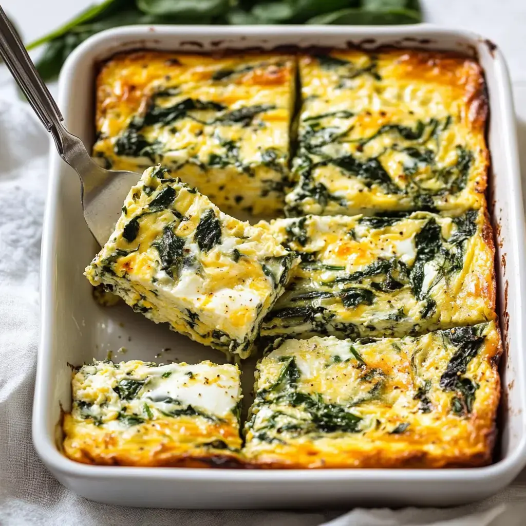 A serving of spinach and cheese bake is being lifted from a rectangular dish, revealing a golden, fluffy texture with visible spinach and cheese layers.