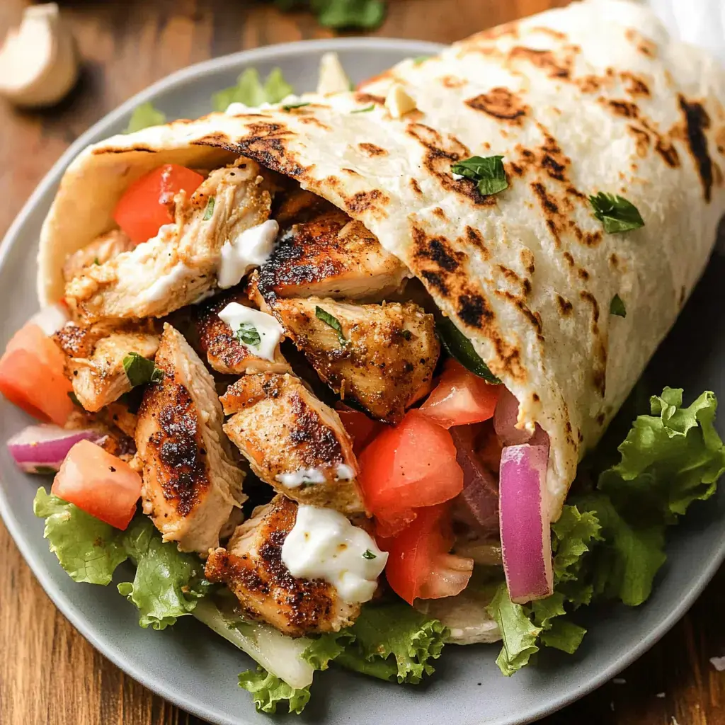 A grilled chicken wrap filled with fresh vegetables, lettuce, and a creamy sauce, served on a gray plate.