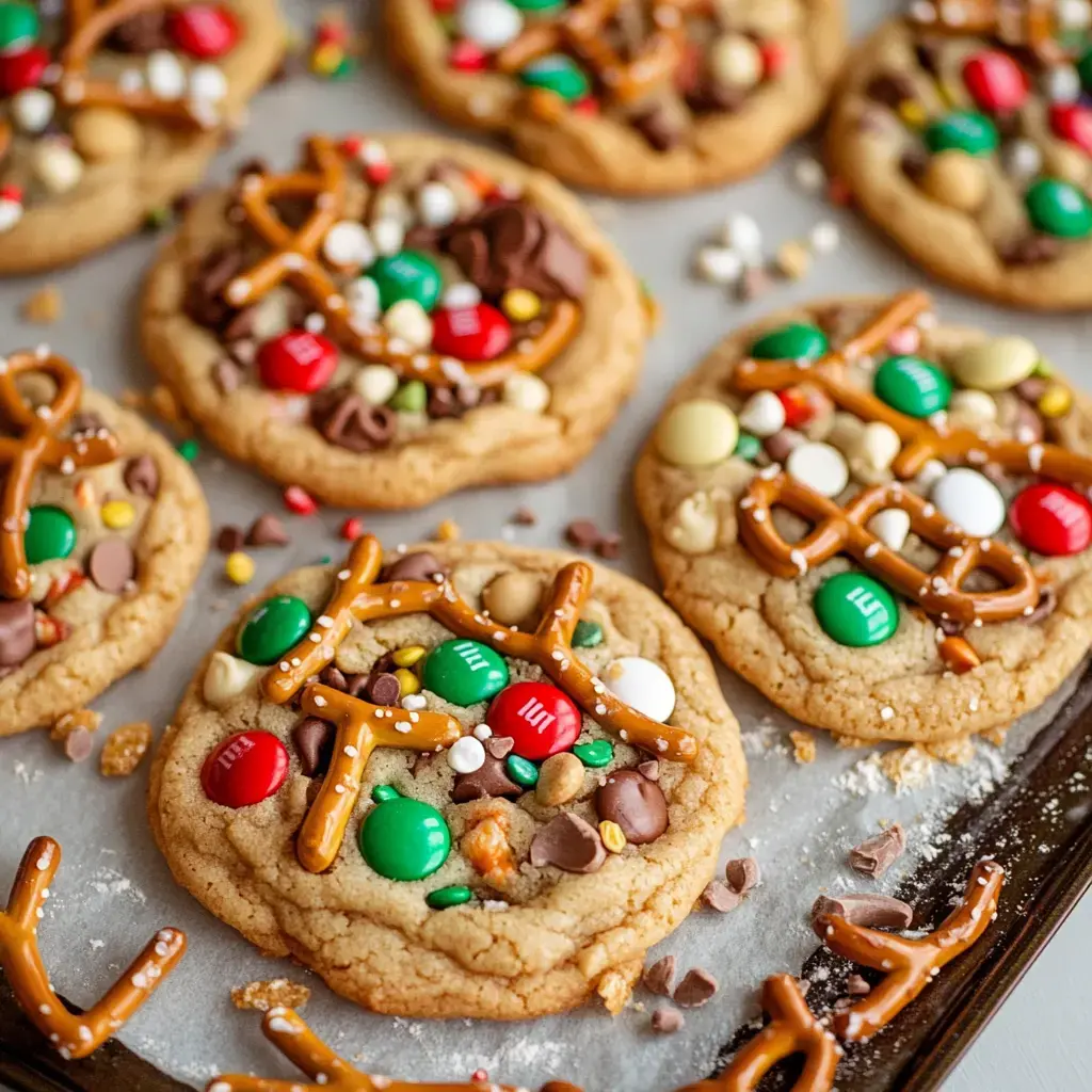 A close-up view of decorated cookies topped with colorful candies, pretzel pieces, and chocolate chips, arranged on a baking sheet.