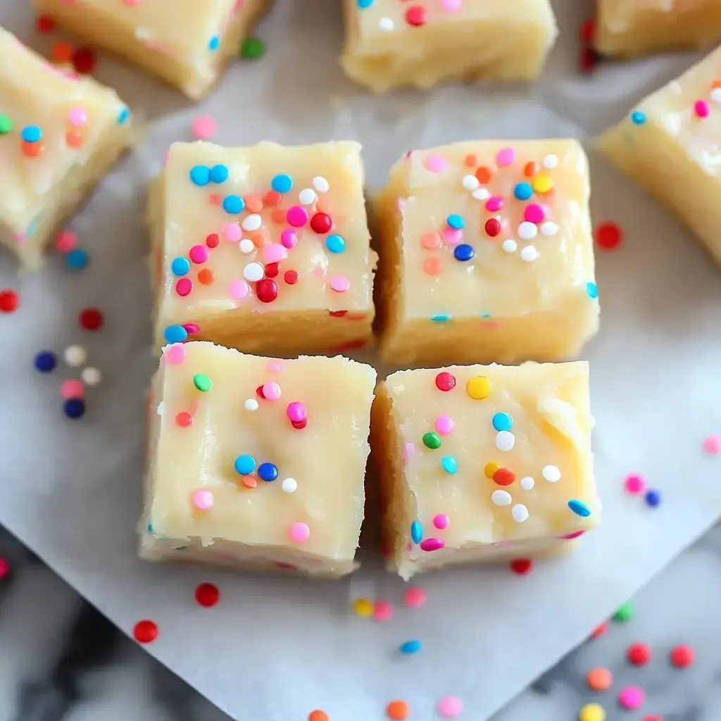 A close-up of colorful pieces of fudge topped with sprinkles, arranged on a light surface.