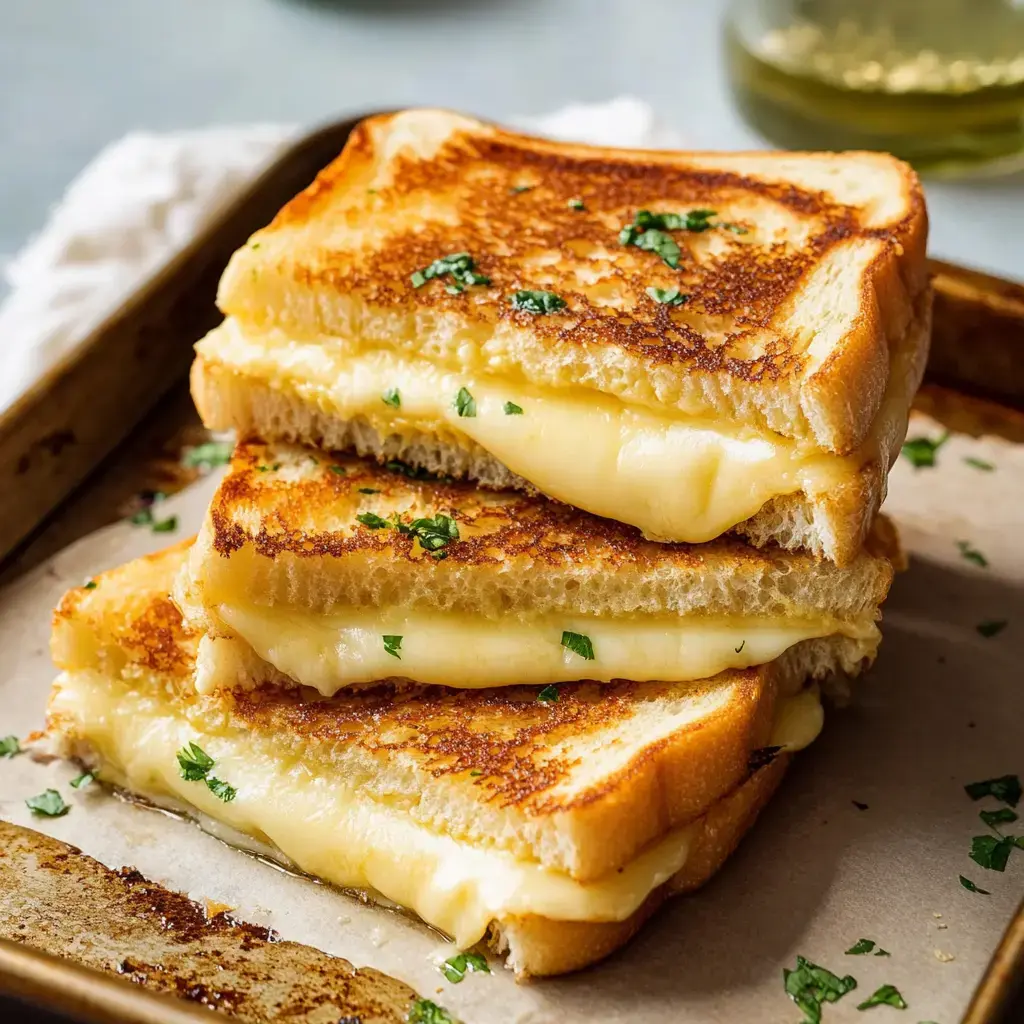 Three stacked, perfectly toasted grilled cheese sandwiches with melted cheese oozing from the sides, garnished with chopped parsley.