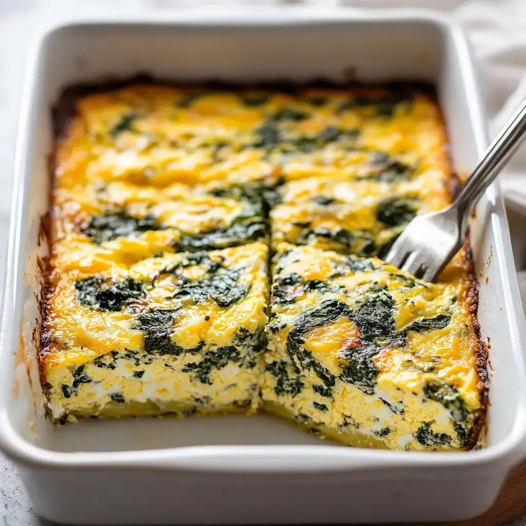 A baked spinach and cheese frittata cut into squares in a white dish, with a fork resting on the side.