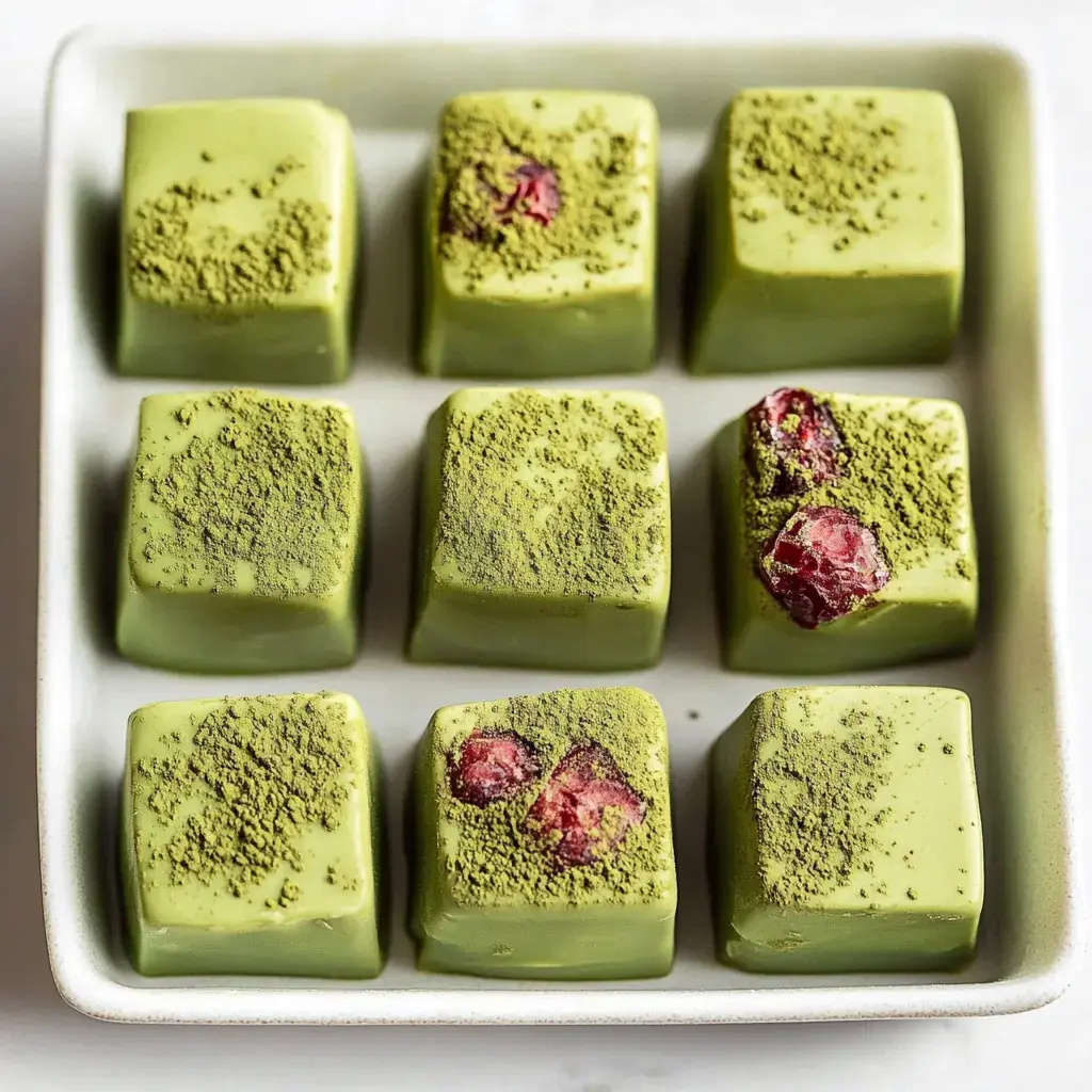 A plate of nine green, matcha-flavored chocolates, some sprinkled with matcha powder and featuring pieces of raspberry.