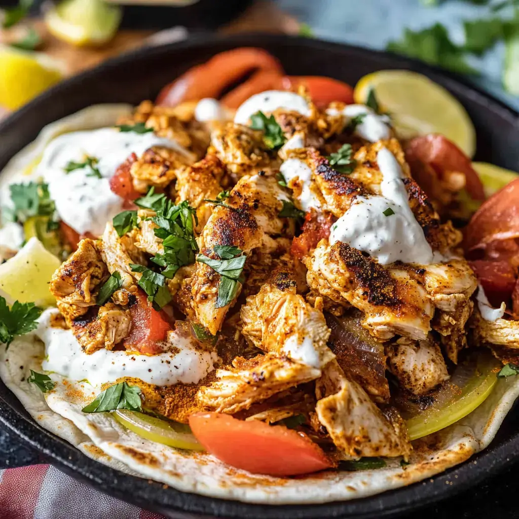 A sizzling platter of seasoned chicken topped with fresh tomatoes, creamy sauce, and chopped cilantro, served on a tortilla.