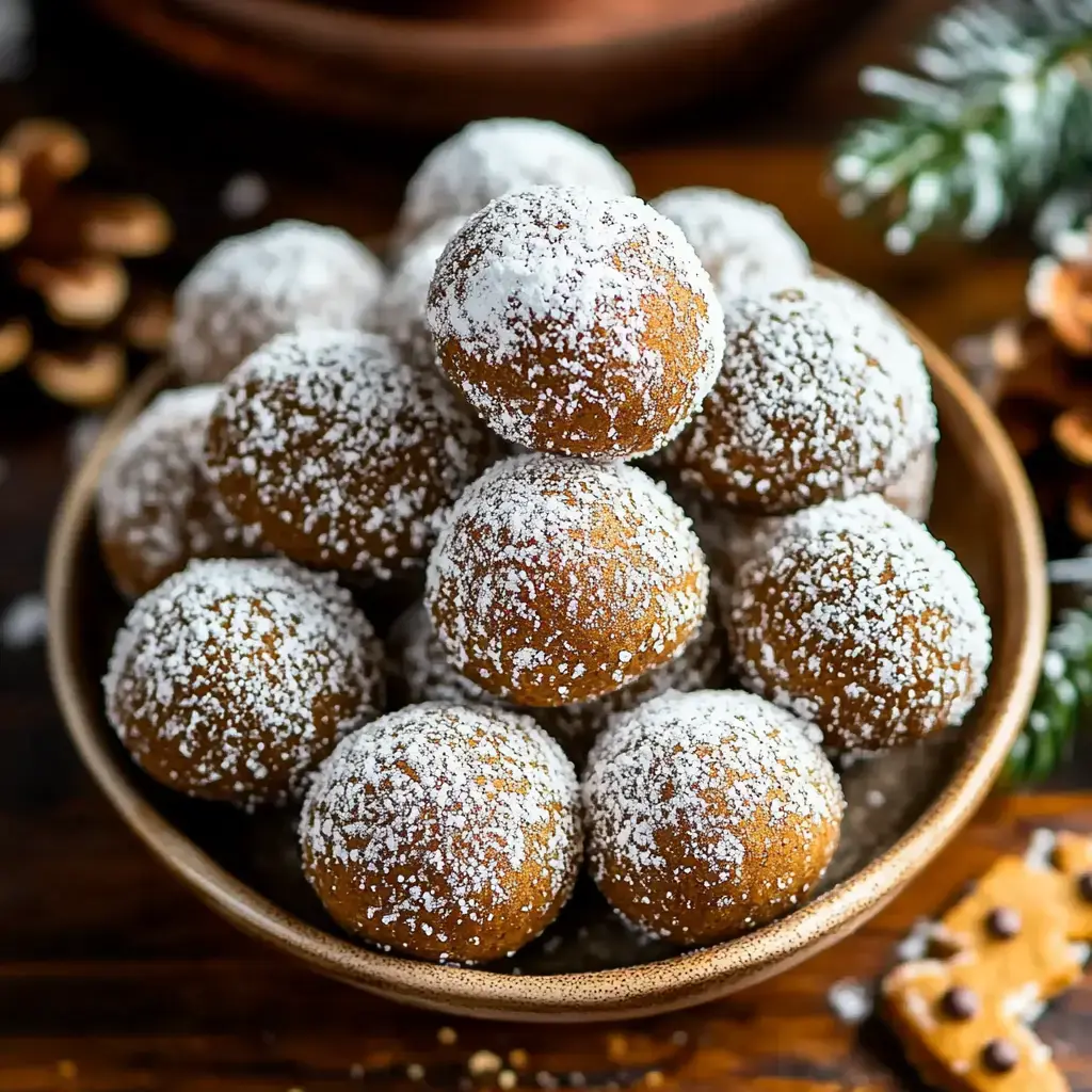 A bowl filled with round, powdered sugar-coated cookies sits on a wooden surface, surrounded by pinecones and festive decorations.