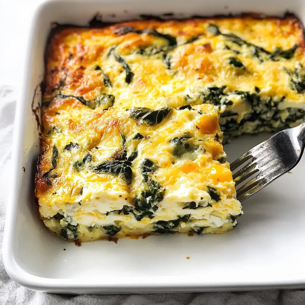 A baked casserole with layers of spinach and cheese is partially sliced, revealing a creamy texture.