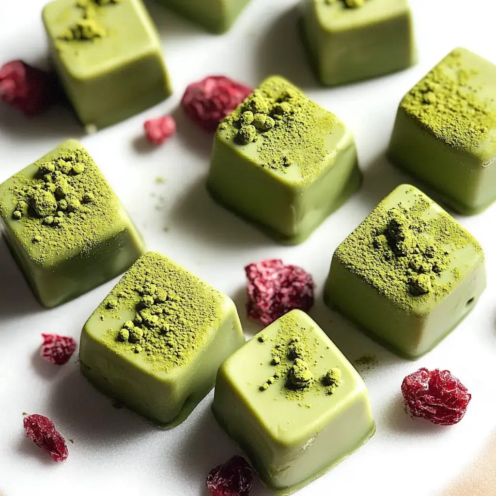 A plate of green matcha chocolates is surrounded by scattered dried red berries.