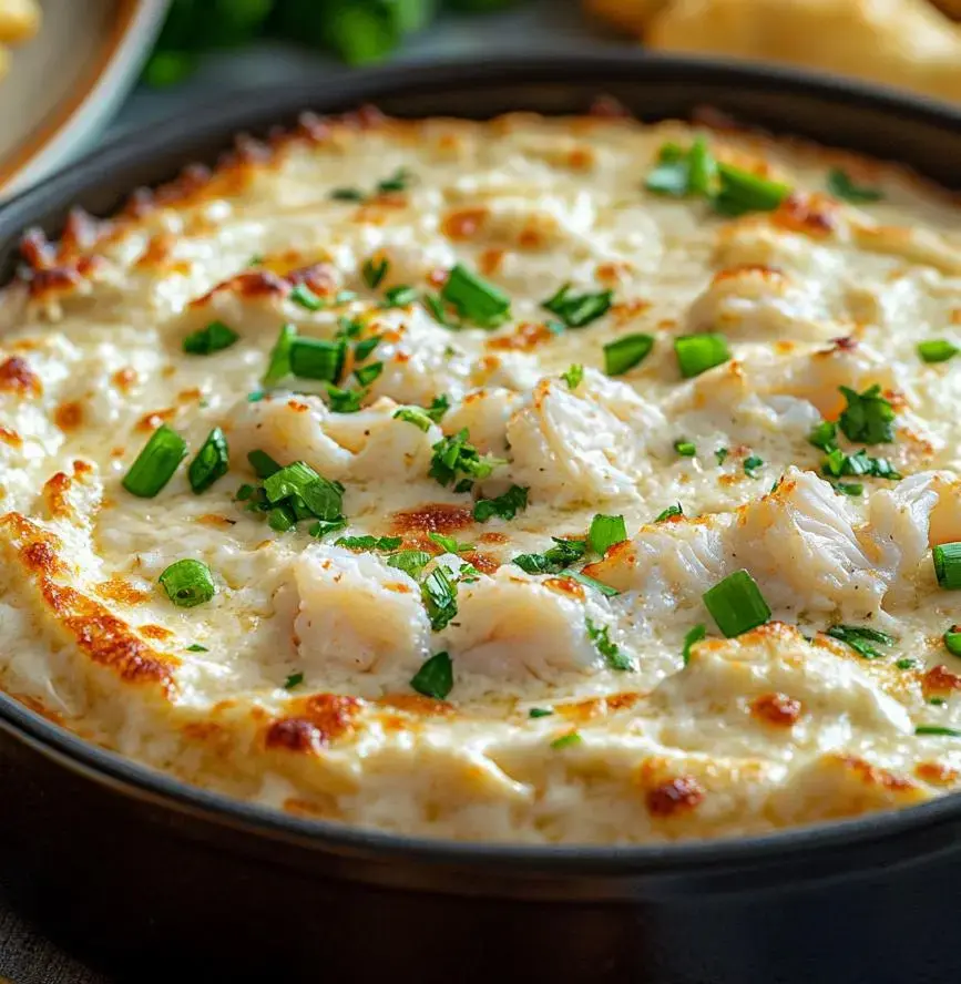 A creamy seafood dish topped with green herbs, presented in a black baking dish.