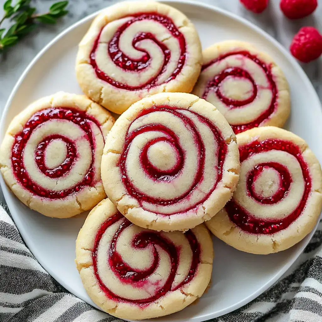 A plate of six spiral cookies with raspberry filling, arranged neatly, with a few fresh raspberries nearby.