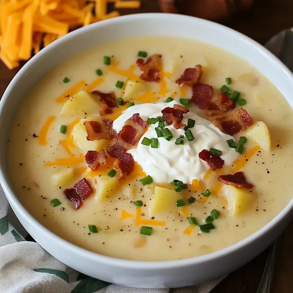 A bowl of creamy potato soup topped with diced potatoes, bacon bits, shredded cheese, a dollop of sour cream, and chopped chives.