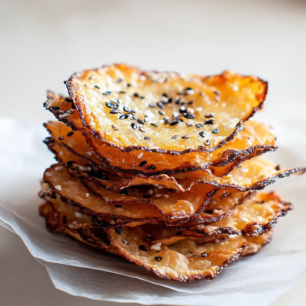 A close-up of a stack of crispy, golden-brown snacks sprinkled with black sesame seeds, resting on a piece of parchment paper.