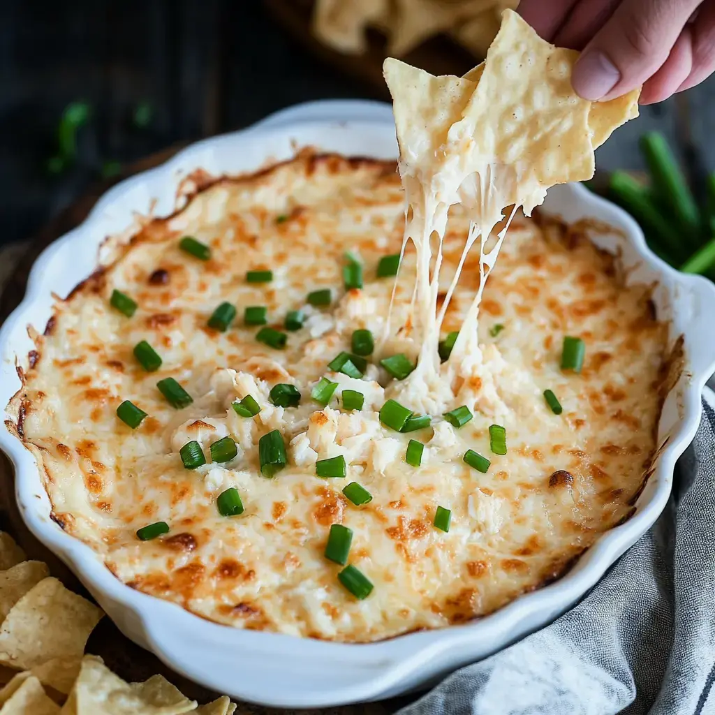 A hand lifts a chip from a creamy, cheese-covered dip topped with green onions, with additional chips and a textured linen in the background.