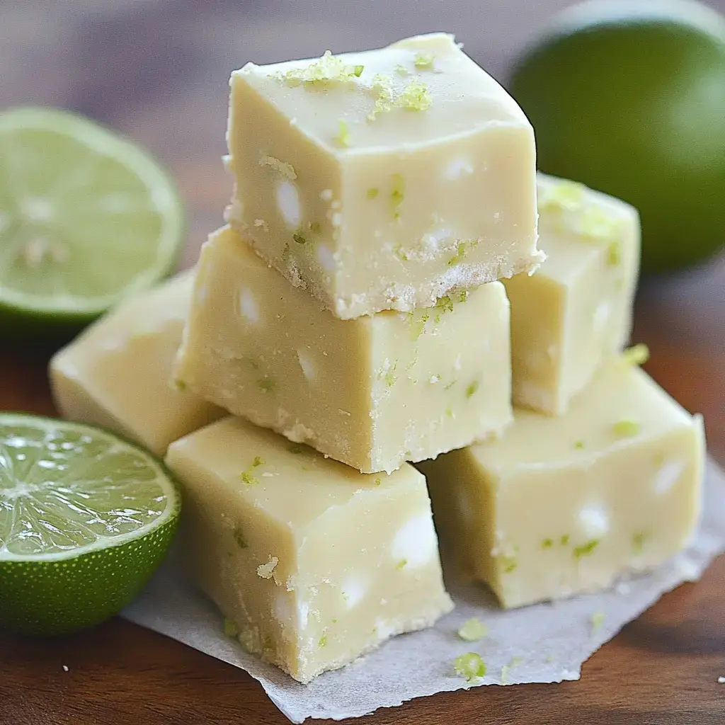 A stack of lime-flavored fudge pieces sits on parchment paper next to halved limes.