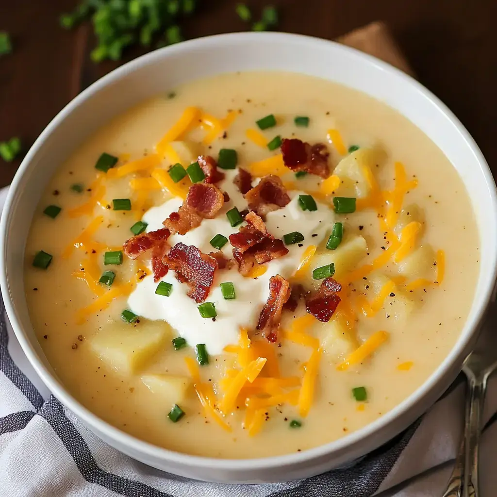 A bowl of creamy potato soup topped with shredded cheddar cheese, crispy bacon bits, diced green onions, and a dollop of sour cream.