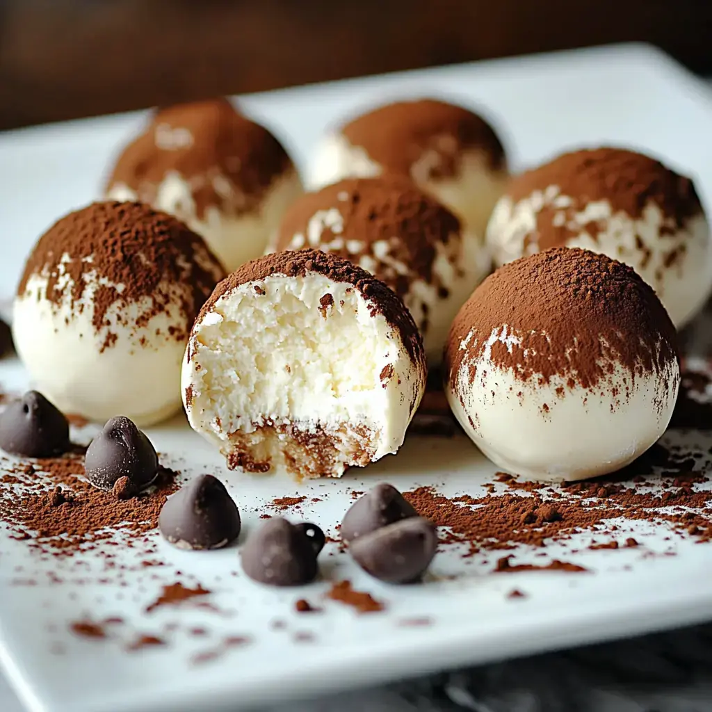 A plate of chocolate-covered dessert balls dusted with cocoa powder, one of which is partially bitten to reveal a creamy filling inside.