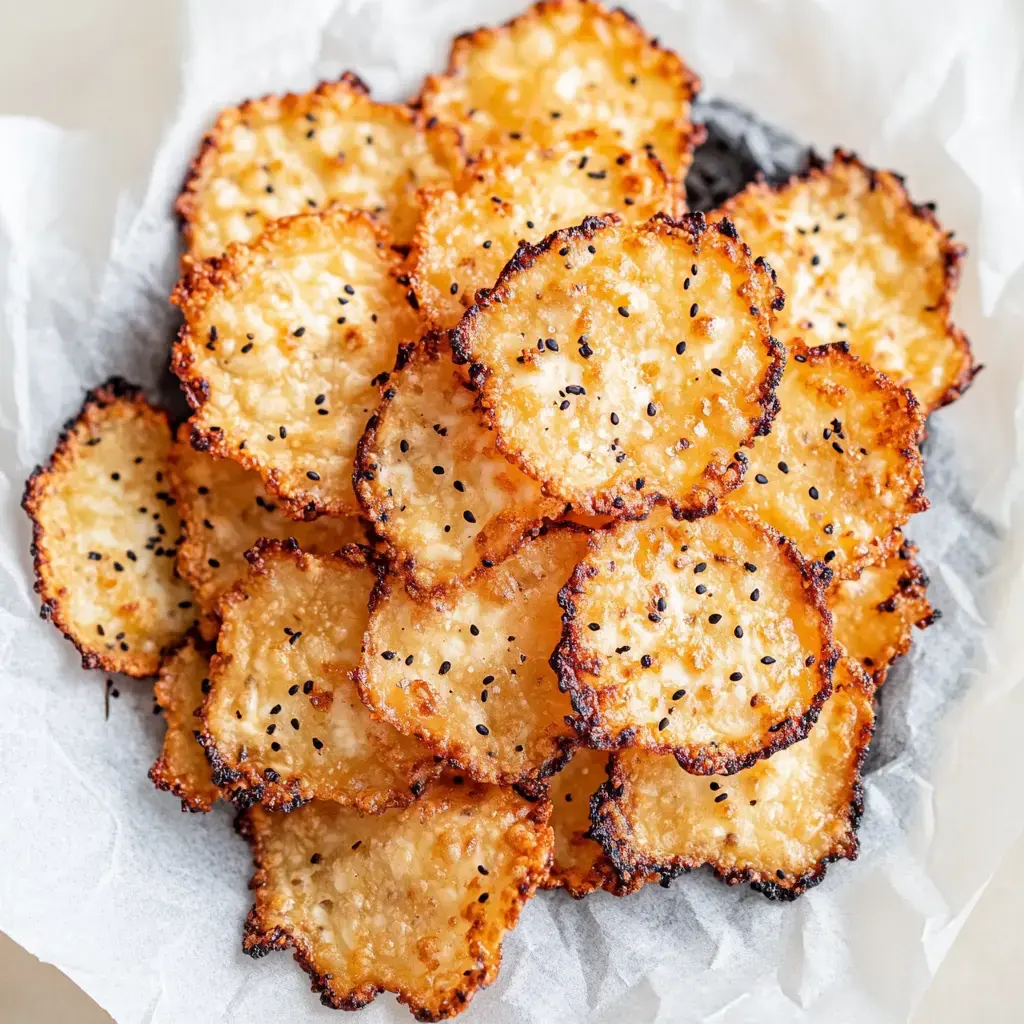 A close-up of crispy, golden-brown chips garnished with black seeds, arranged on crumpled parchment paper.