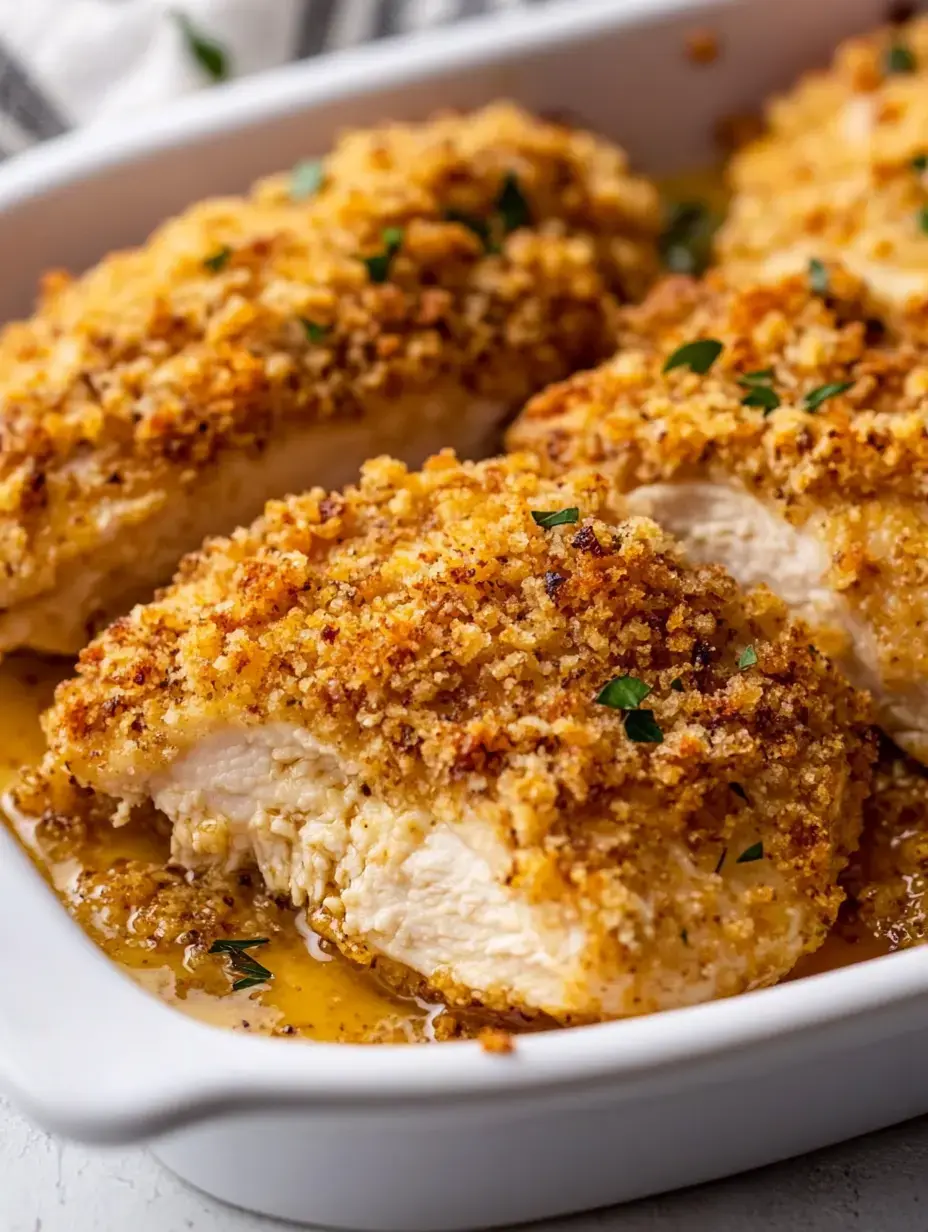 A close-up view of lightly breaded, golden-brown baked chicken breasts topped with parsley in a white dish.