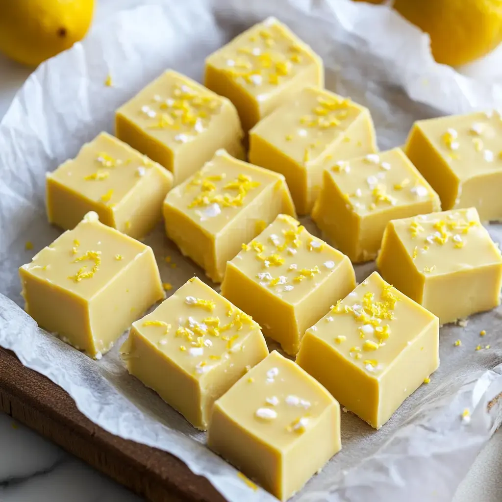 A tray of lemon fudge squares, garnished with lemon zest, is arranged on parchment paper with whole lemons in the background.