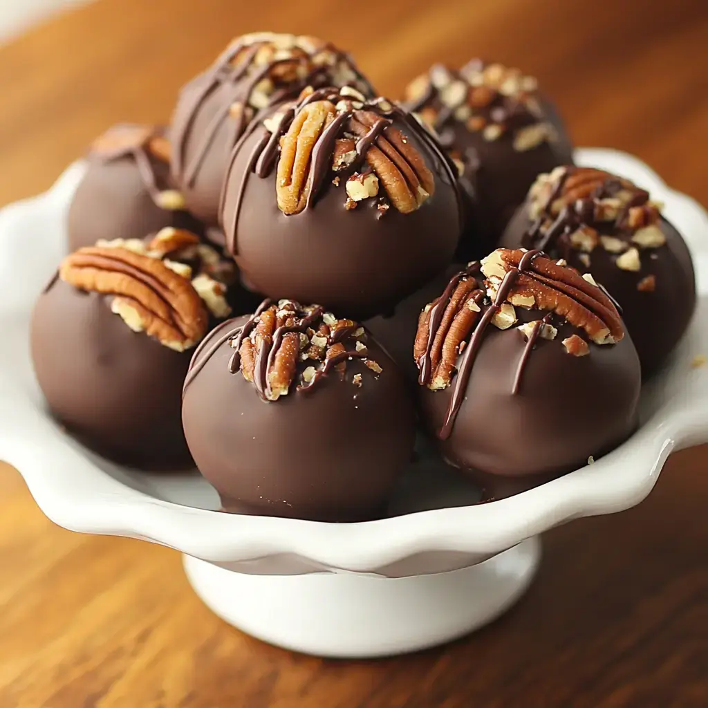 A white serving dish holds a stack of chocolate-covered dessert balls topped with pecans and drizzled with chocolate.