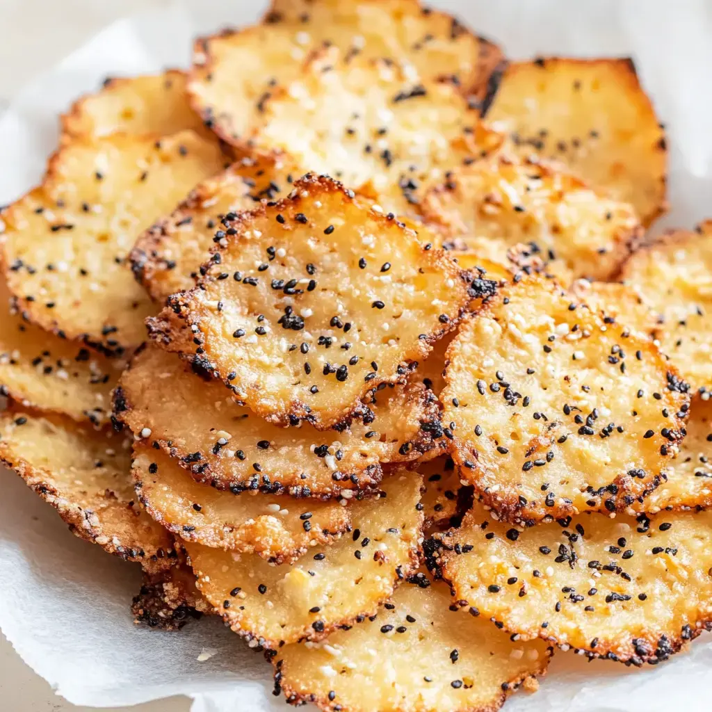 A close-up of crispy, golden-brown snacks sprinkled with black sesame seeds on a white paper towel.