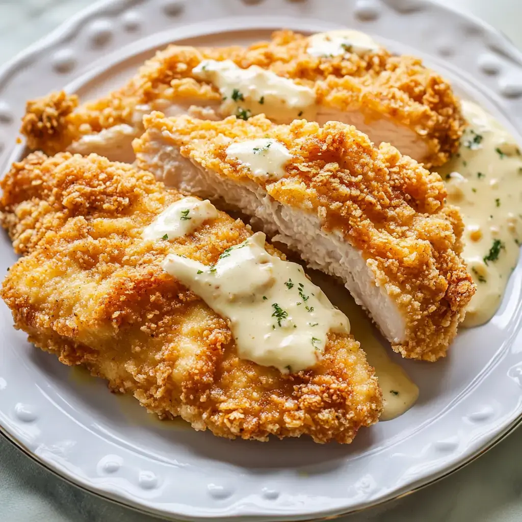 A plate of crispy fried chicken breast slices drizzled with a creamy sauce and garnished with herbs.