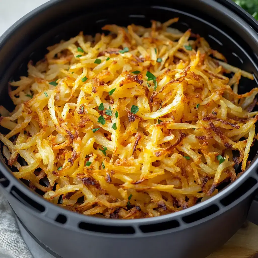 A close-up of crispy golden-brown shredded hash browns garnished with fresh parsley in a black cooking vessel.