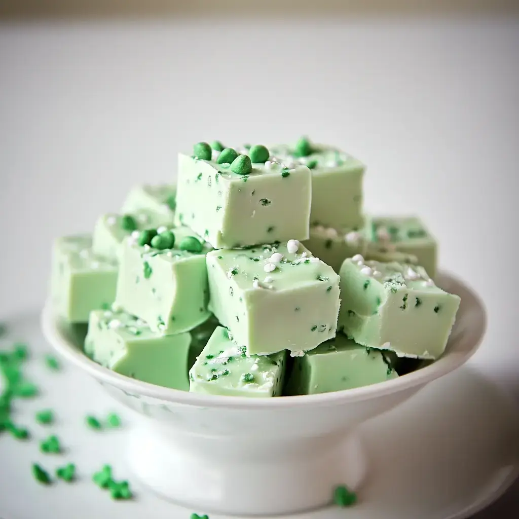 A bowl filled with green fudge cubes, topped with green and white sprinkles.