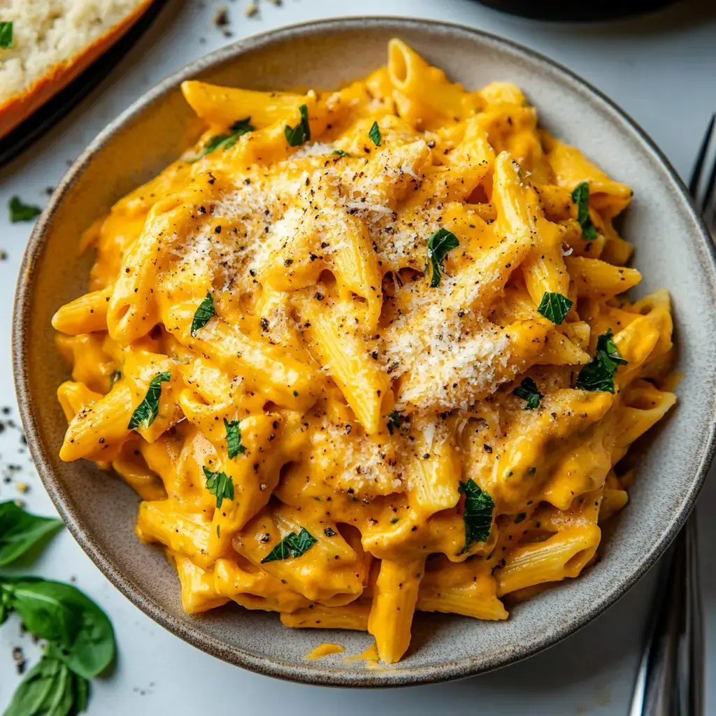 A bowl of creamy macaroni and cheese pasta is garnished with grated cheese and chopped parsley.