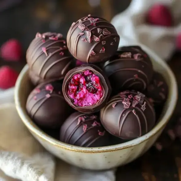 A bowl filled with chocolate truffles, one cut in half to reveal a vibrant pink and dark filling, surrounded by fresh raspberries.