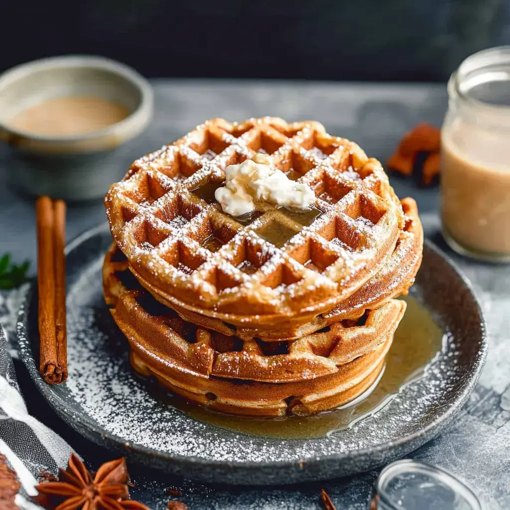 A stack of golden-brown waffles topped with butter and drizzled with syrup, served on a dark plate, with cinnamon sticks and a small bowl of sauce in the background.