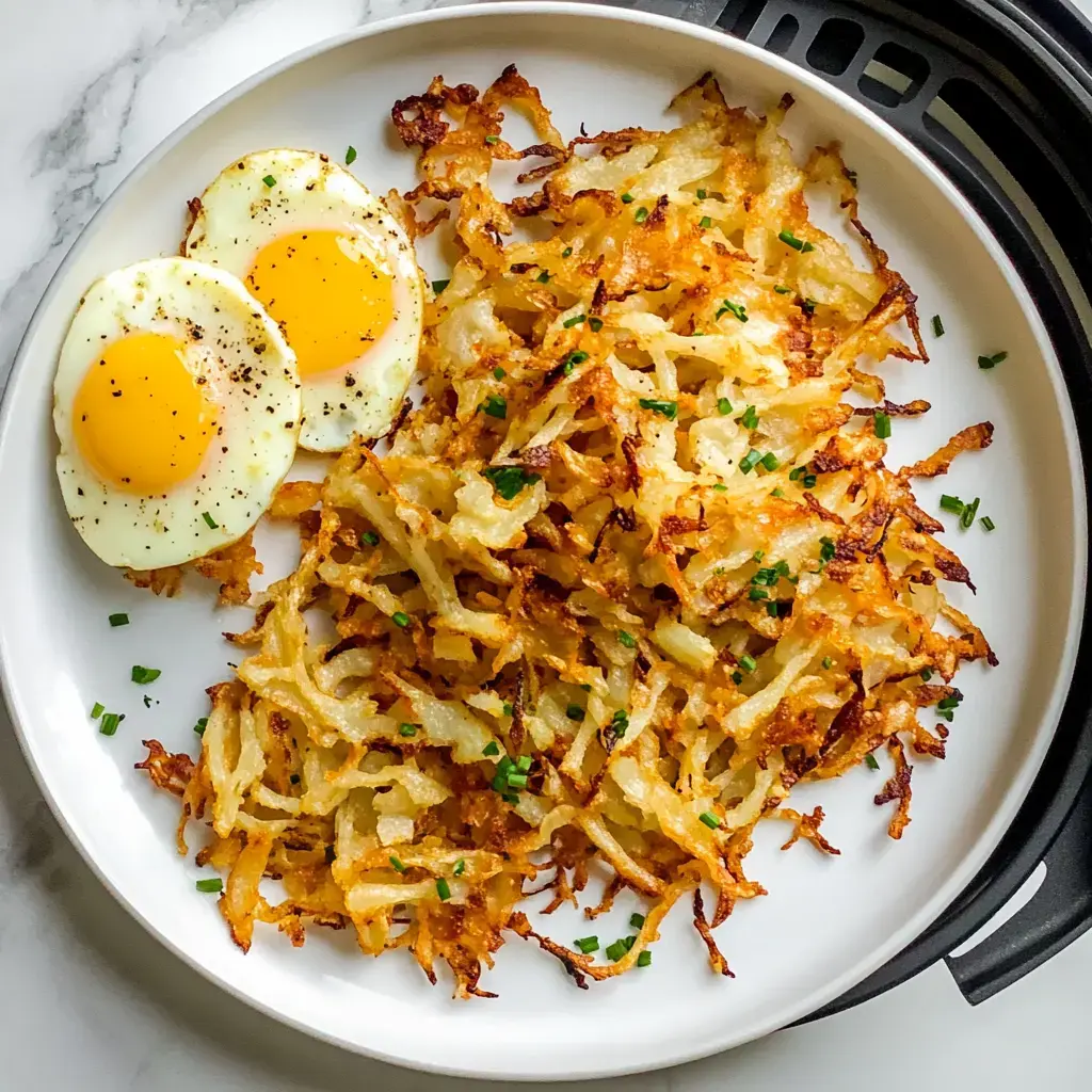 A plate of crispy hash browns garnished with chopped chives, accompanied by two sunny-side-up eggs.