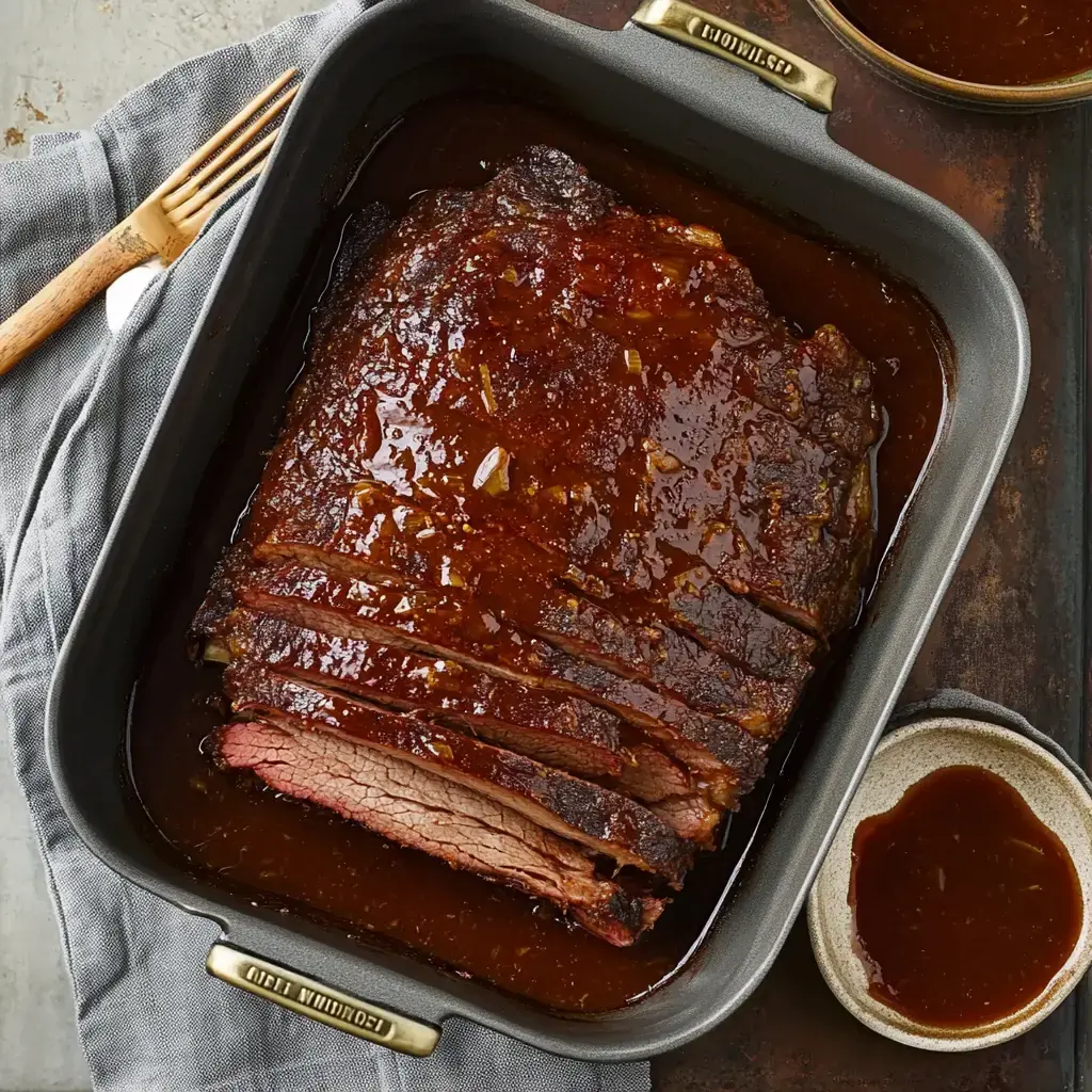 A sliced, glazed beef brisket is shown in a roasting pan, accompanied by a small bowl of sauce on the side.