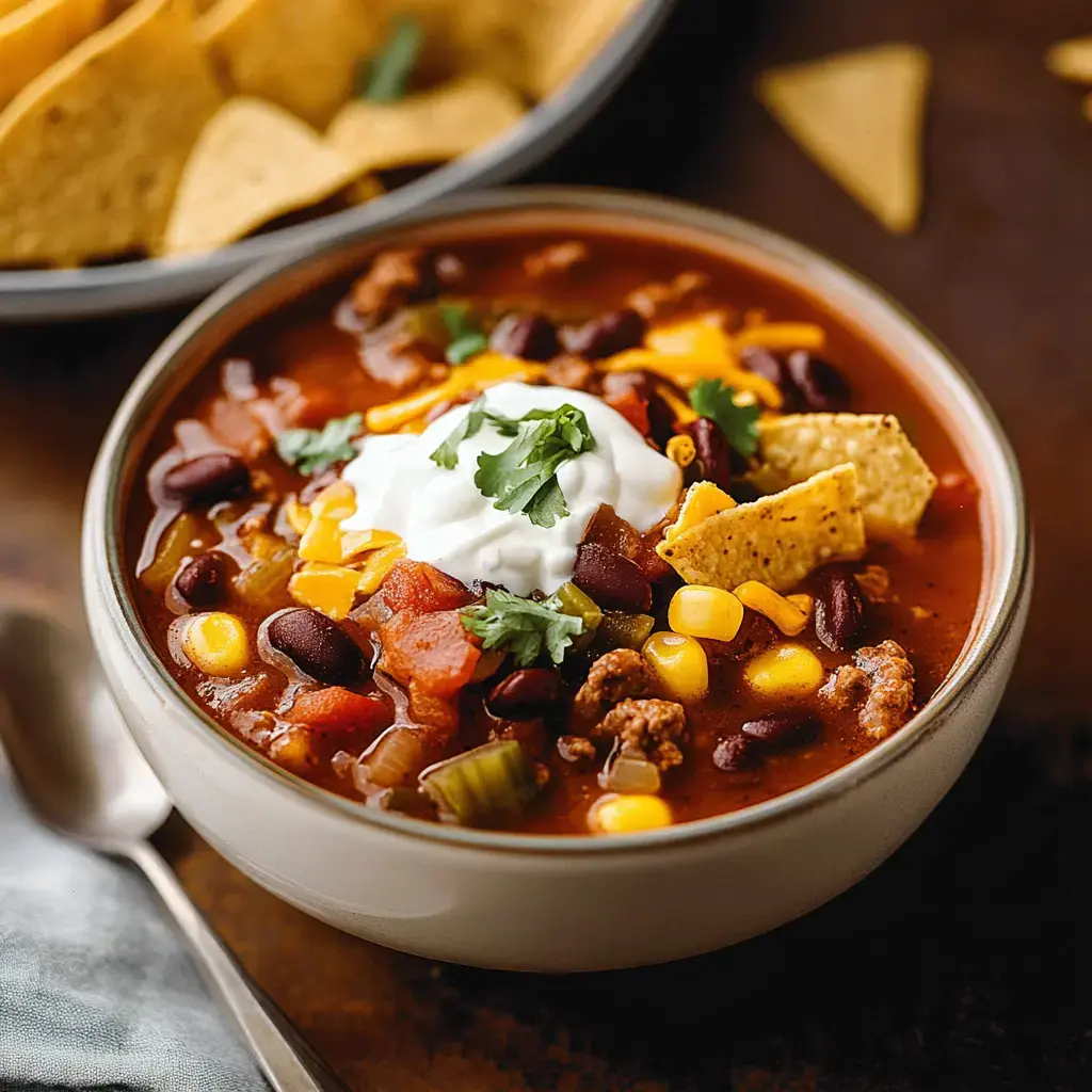 A bowl of hearty chili topped with sour cream, cilantro, cheese, and tortilla chips, served alongside a plate of tortilla chips.