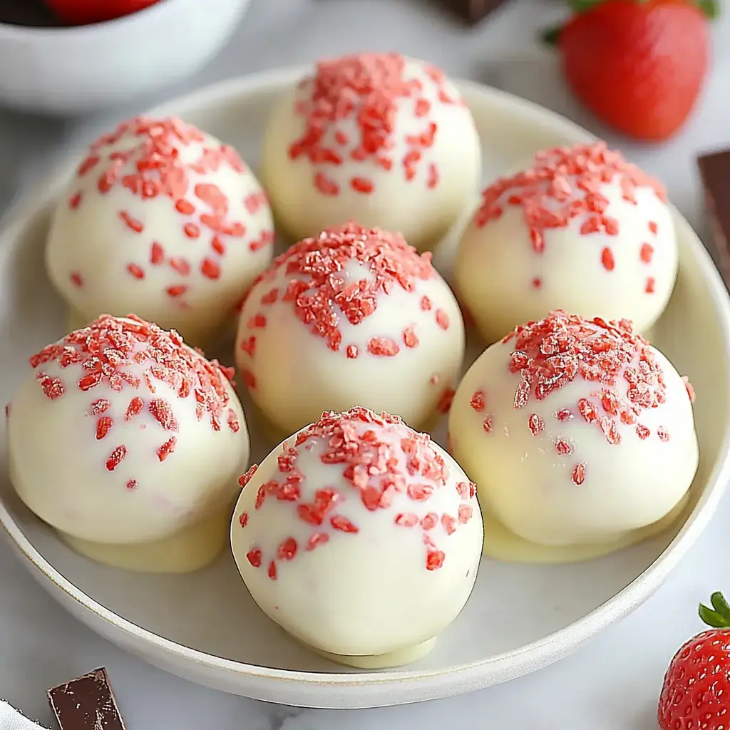 A plate of white chocolate truffles topped with crushed red strawberries, arranged neatly together.