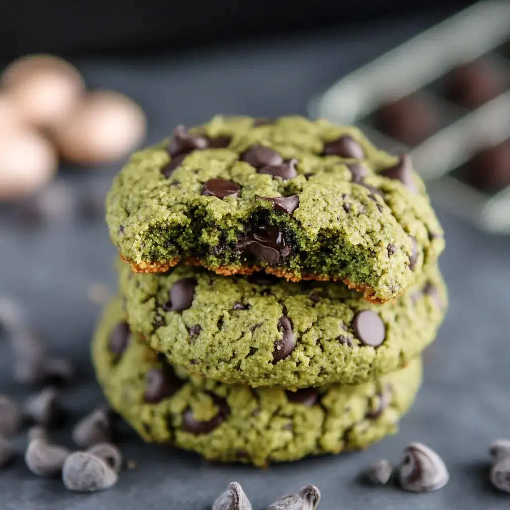 A stack of green matcha chocolate chip cookies, with the top cookie partially bitten into, surrounded by chocolate chips on a dark surface.