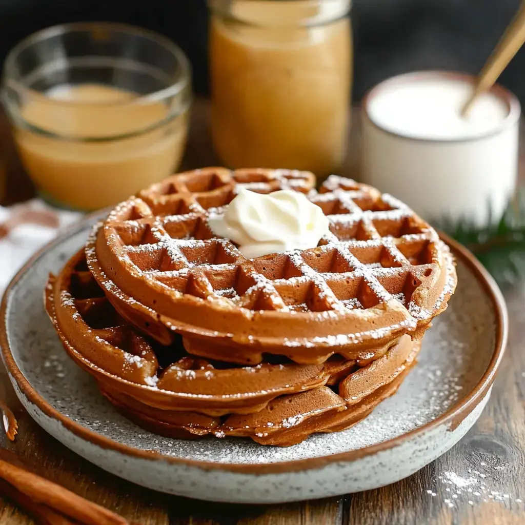 A stack of golden-brown waffles topped with whipped cream and powdered sugar, accompanied by two glasses of coffee and a small dish of cream.