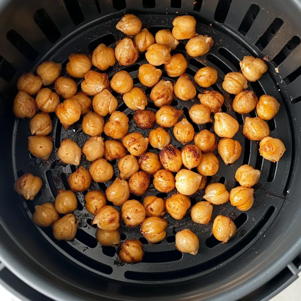 A black air fryer basket filled with evenly cooked, golden-brown chickpeas.