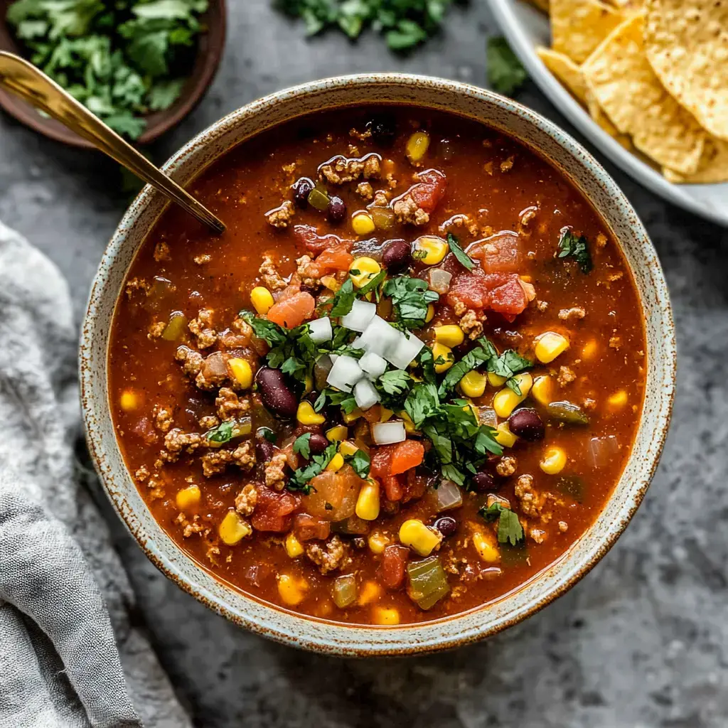 A bowl of chili topped with diced onions, cilantro, and colorful vegetables, served alongside tortilla chips.