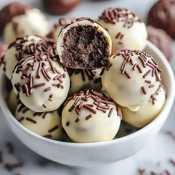 A bowl of chocolate truffles coated in white chocolate and topped with chocolate sprinkles, with one truffle cut in half to reveal its dark chocolate interior.