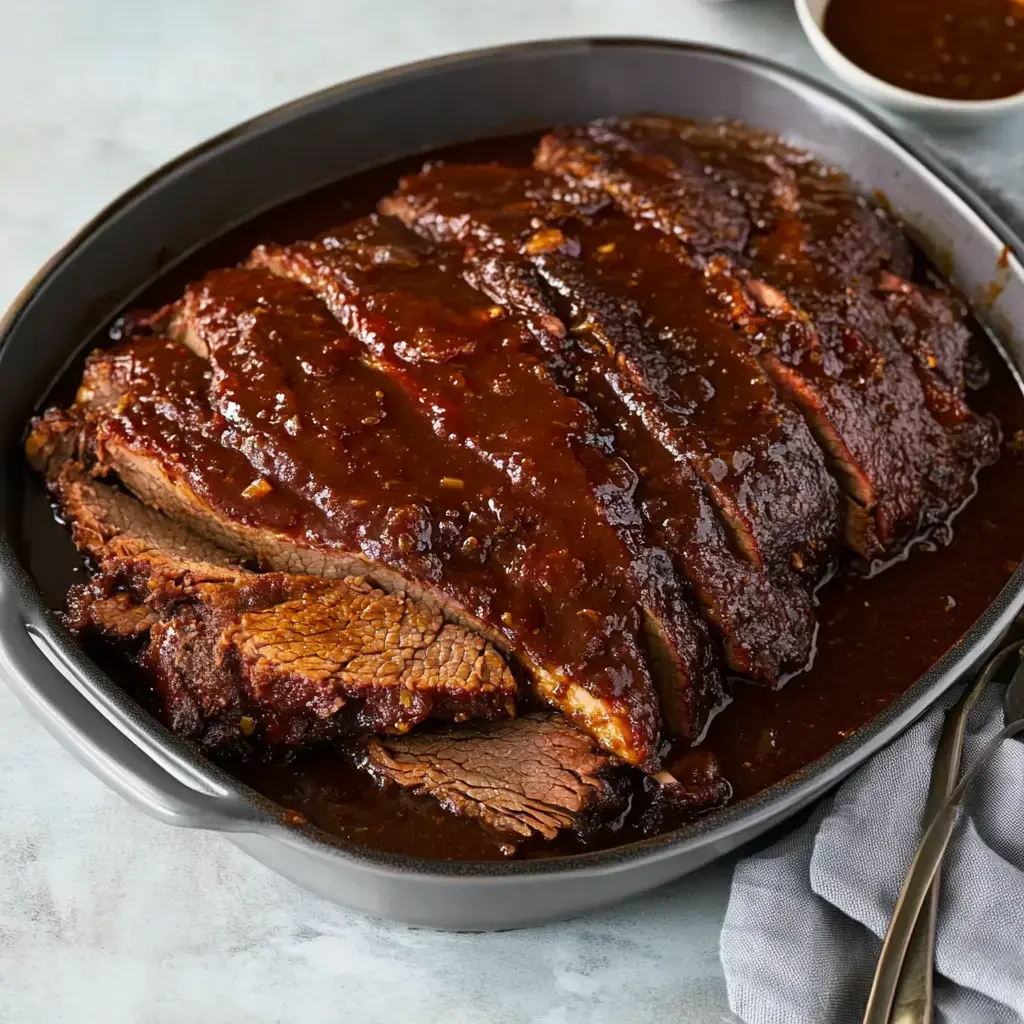 A sliced beef brisket coated in a rich, dark sauce is presented in a black baking dish, accompanied by a small bowl of extra sauce on the side.